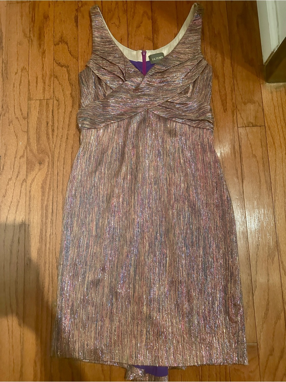 Zac Posen Metallic Lavender Twist-Front Midi Dress